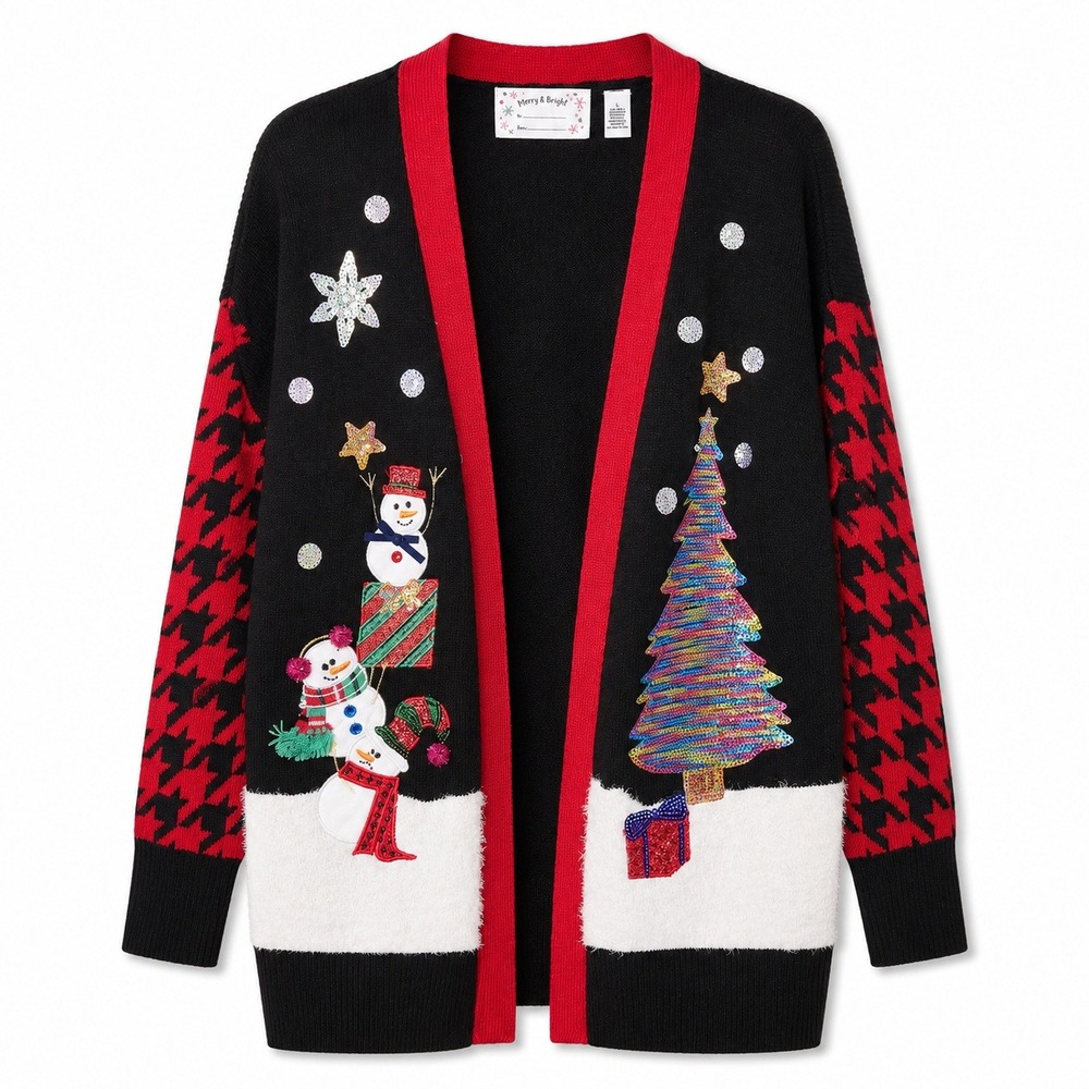 Merry & Bright Christmas Cardigan Womens L Black Red Snowman Tree Excellent